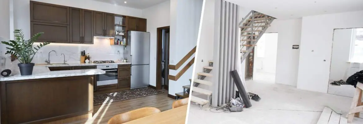 Home renovation and remodeling concept. Before and after interior in modern style