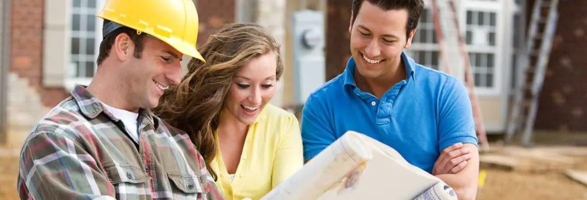 a new home construction site. Includes construction worker/builder, and young couple