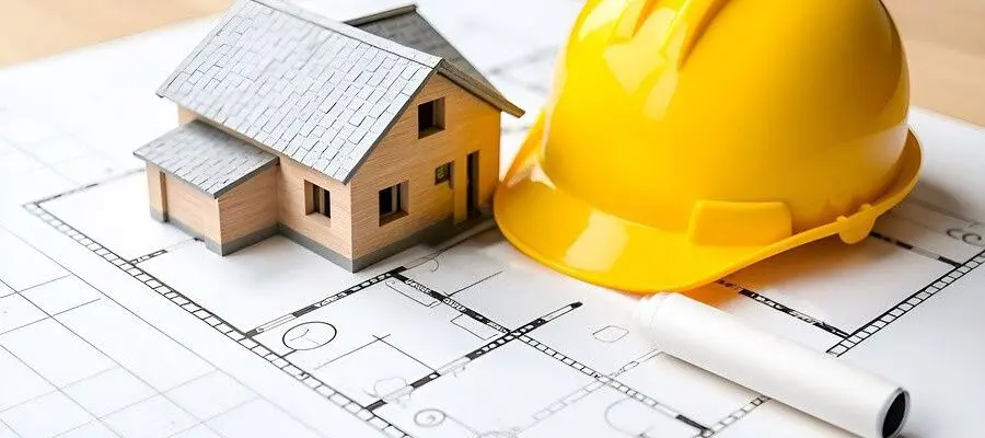 Builder cap kept on desk with building construction plan