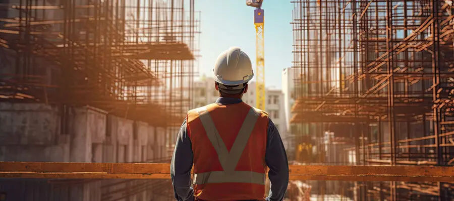 contractor stands looking at the construction site