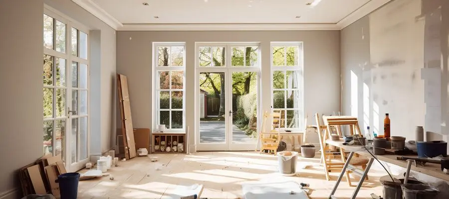 Home refurbishment process on a sunny day, featuring large, modern windows that allow natural light to flood the space. The image captures the essence of home improvement and renovation