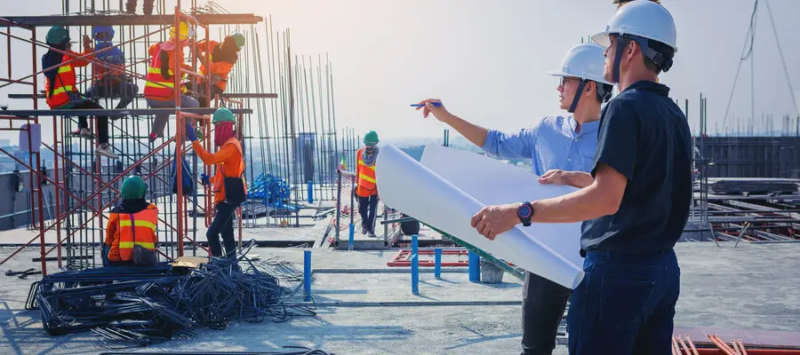 construction engineers dicsussing architecture map