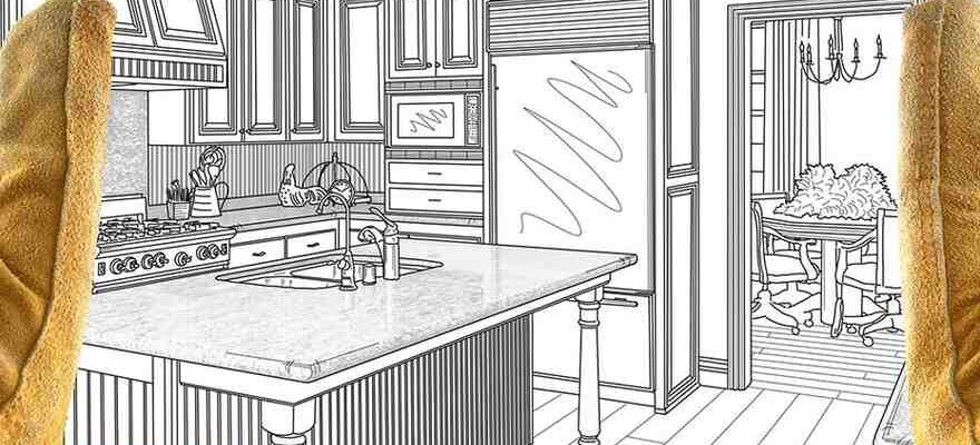 Male Contractor Hands Framing Over Custom Kitchen Design Drawing.