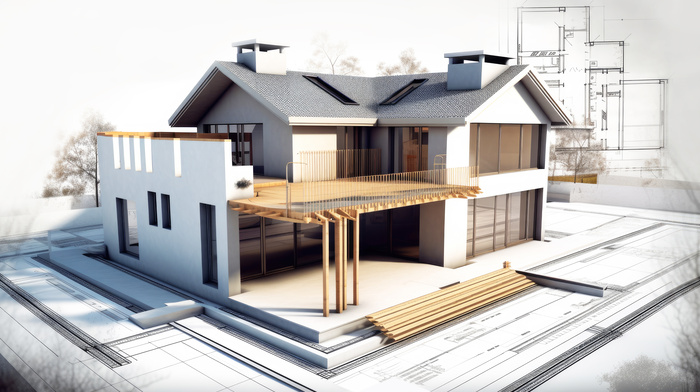 Building house on blueprints - construction project.