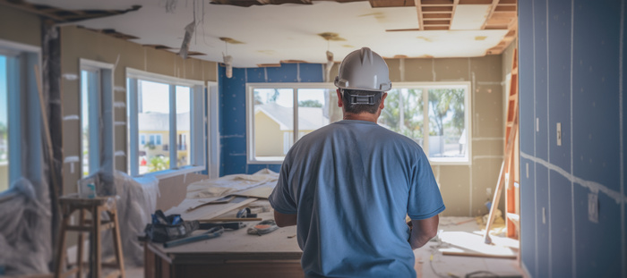 A construction worker in the ongoing remodeling of a spacious kitchen with windows to the outside.