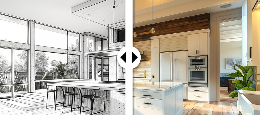 Before and After Slider Comparing Pencil Design Sketch to Completed Custom Kitchen Interior