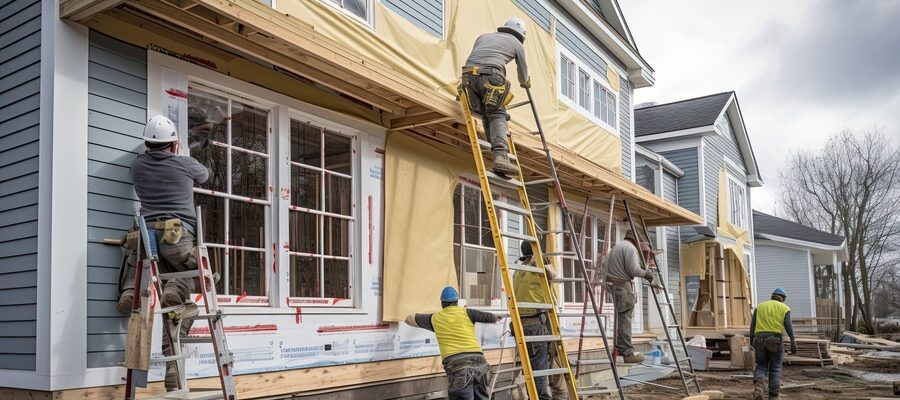 Builders installing exterior siding on a house