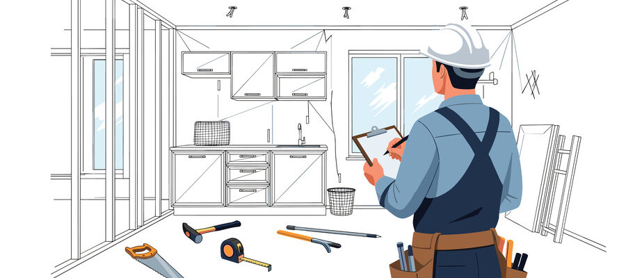 Construction Worker with Hard Hat and Clipboard Inspecting Kitchen Renovation Blueprint, Tools Scattered on Floor, Home Improvement and Planning Concept