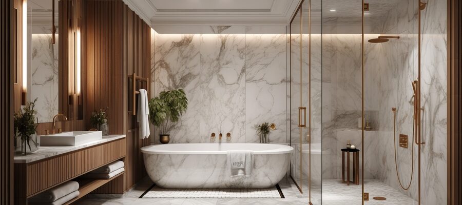 A luxury bathroom with a steam shower and marble details.