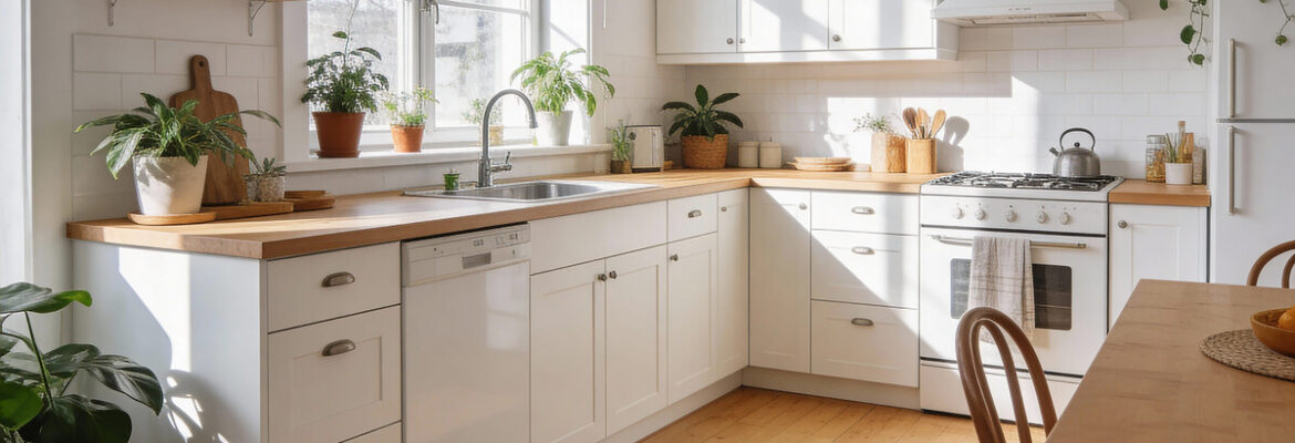 Interior of modern newly remodeled kitchen with white furniture and plants.